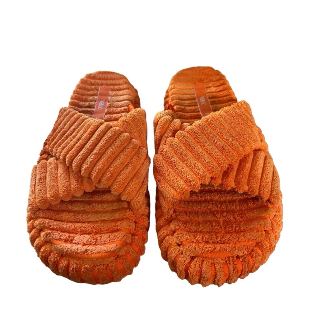 ZARA Ribbed Terrycloth Crisscross Platform Slide Sandals Size 39 EU Orange
